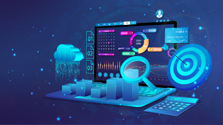 Picture of a laptop screen, bathed in a blue light and against a blue backdrop, with 3D images floating around it, including a rain cloud, bar graphs, a magnifying glass, a calculator, and a target with an arrow hitting the bullseye.