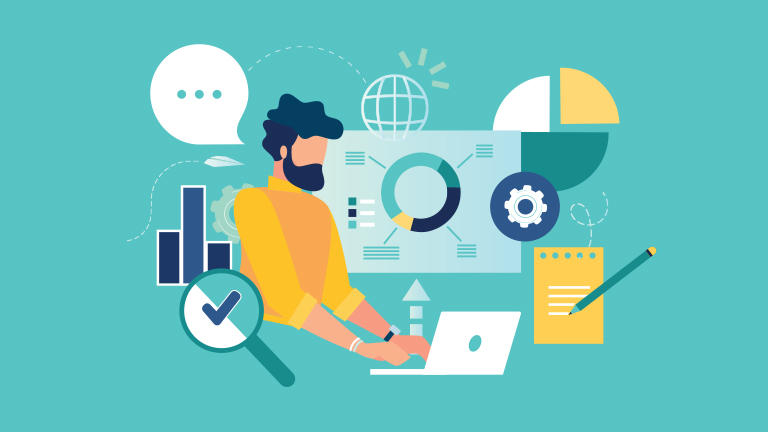 Cartoon image of a faceless man typing at a computer, surrounded by different icons, including a check mark, a speech bubble, a piec chart, a paper and pencil, and a globe. The backdrop is turquoise and the man is wearing a yellow sweater