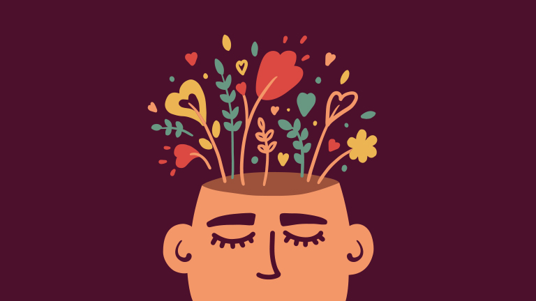 Cartoon picture of a man with his eyes closed and half his upper head open, sprouting flowers of various lengths and colours. The background is maroon.