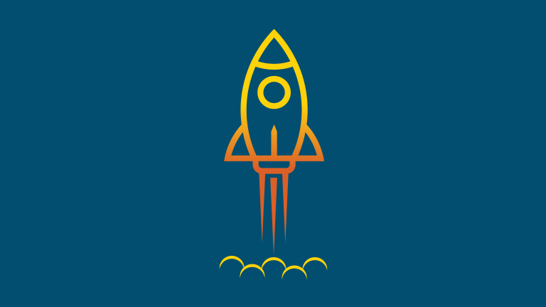 Cartoon drawing of a multi-coloured spaceship lifting off against a dark teal background